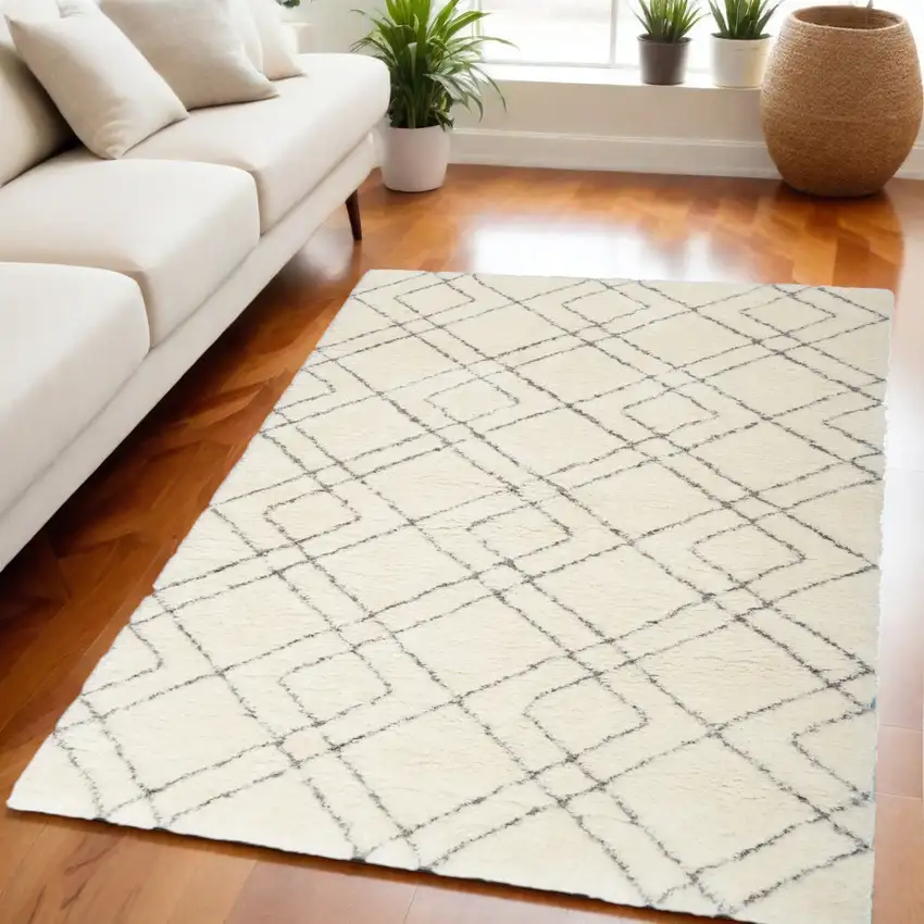 Ivory and Gray Geometric Shag Area Rug Photo 1