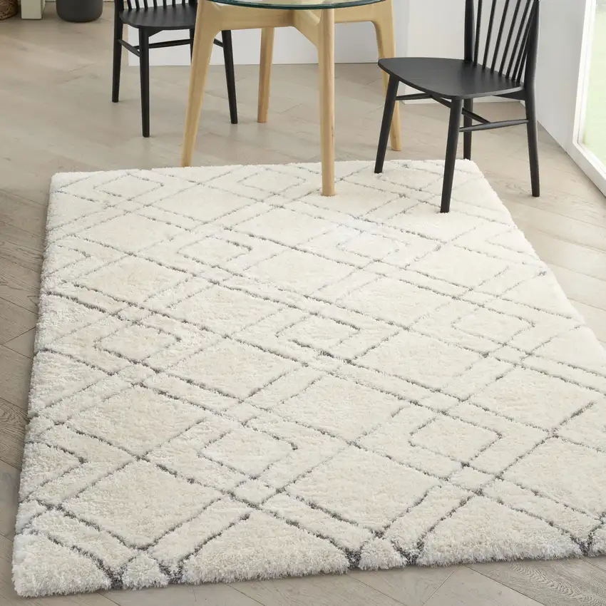 Ivory and Gray Geometric Shag Area Rug Photo 4