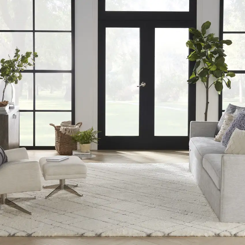 Ivory and Gray Geometric Shag Area Rug Photo 6