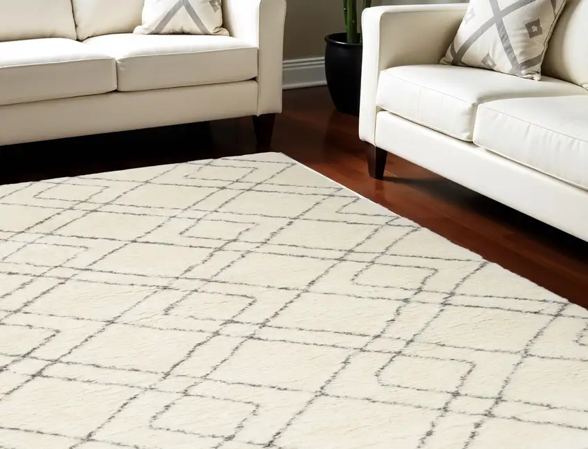 Ivory and Gray Geometric Shag Area Rug Photo 1
