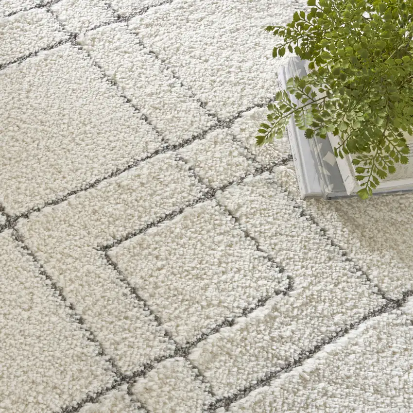 Ivory and Gray Geometric Shag Area Rug Photo 8