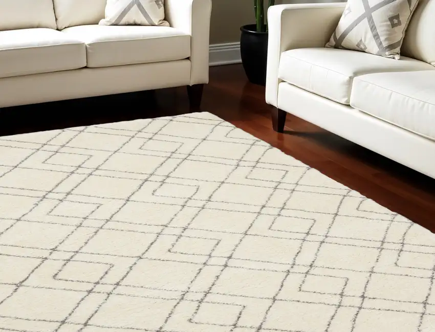 Ivory and Gray Geometric Shag Area Rug Photo 4