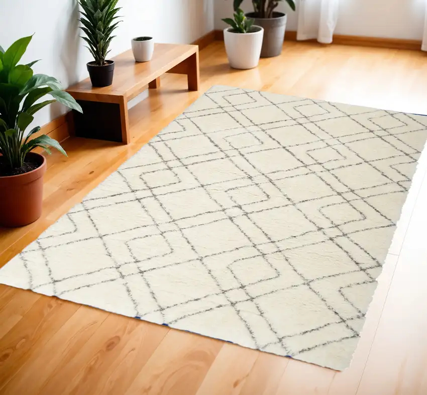 Ivory and Gray Geometric Shag Area Rug Photo 1