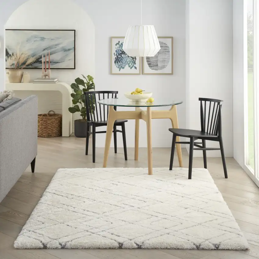 Ivory and Gray Geometric Shag Area Rug Photo 5