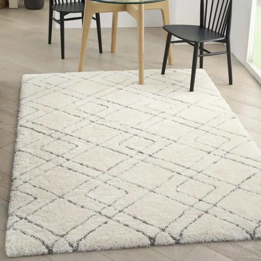 Ivory and Gray Geometric Shag Area Rug Photo 8