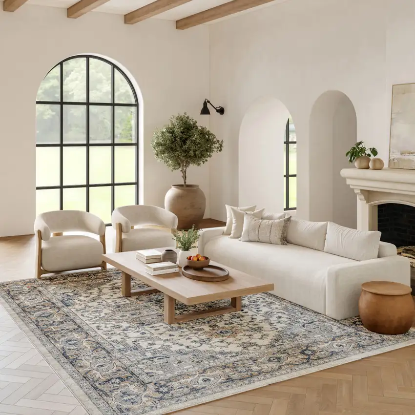 Ivory and Gray Medallion Power Loom Area Rug Photo 3