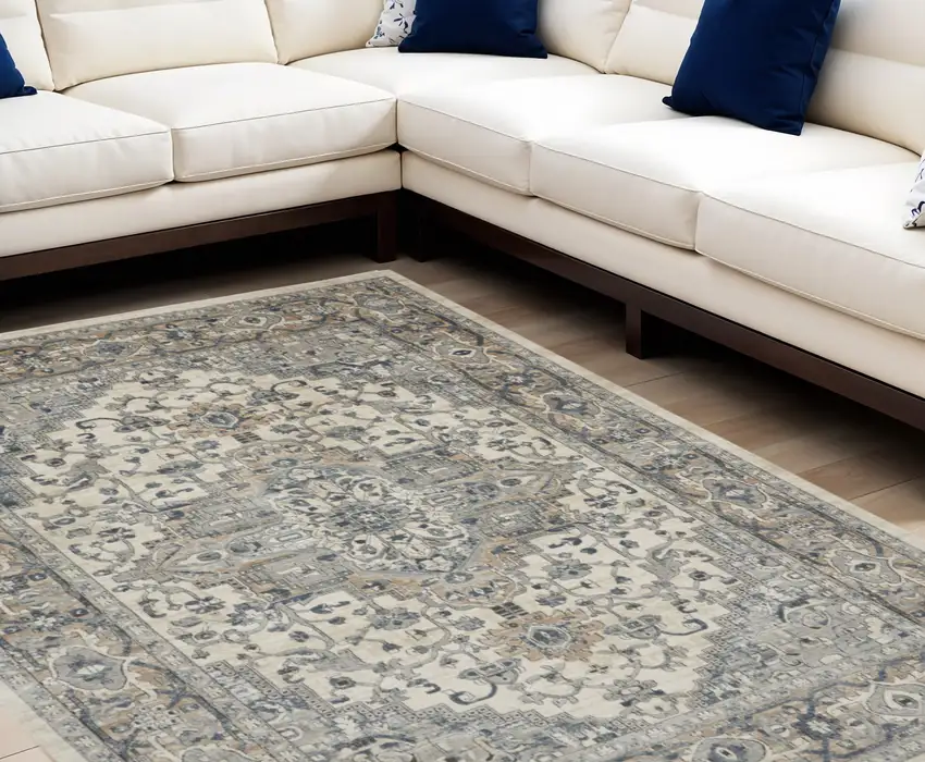 Ivory and Gray Medallion Power Loom Area Rug Photo 1