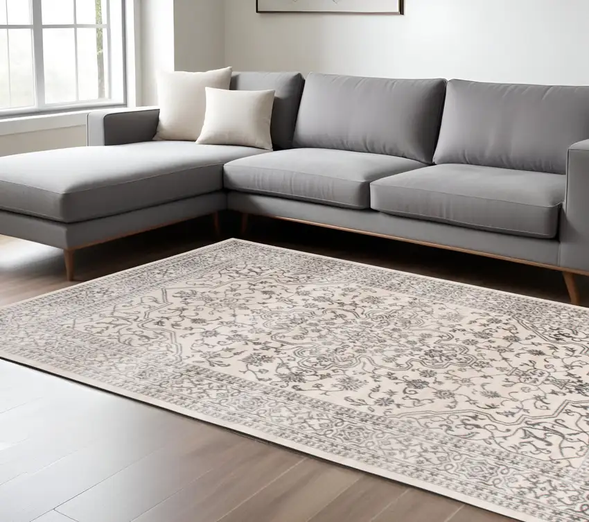 Ivory and Gray Oriental Area Rug Photo 1