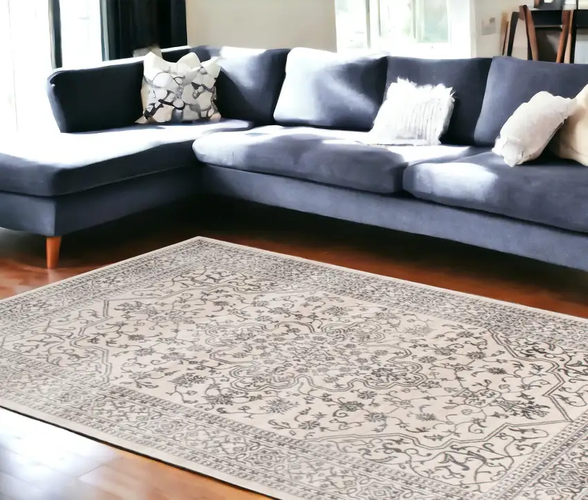 Ivory and Gray Oriental Area Rug Photo 1