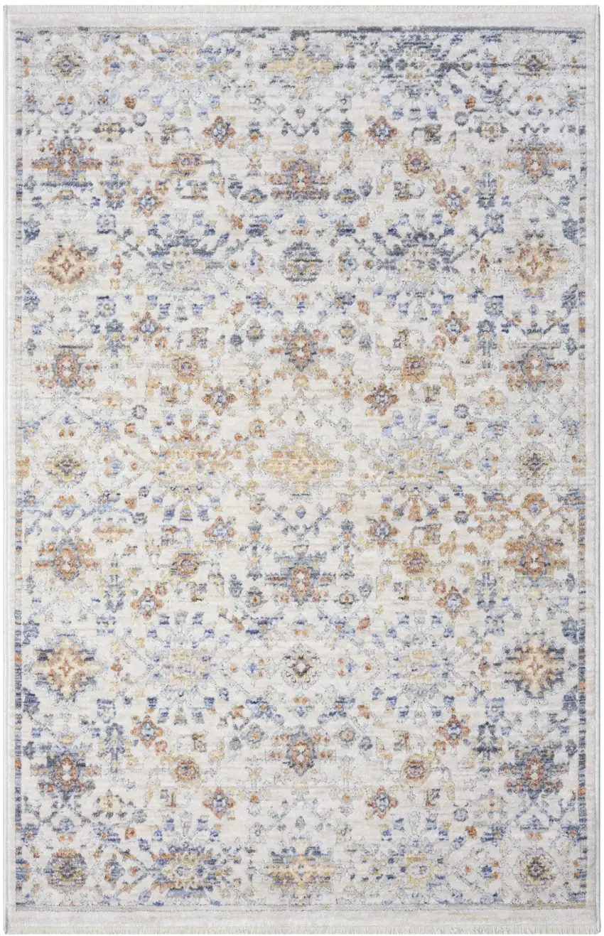 Ivory and Gray Oriental Power Loom Distressed Area Rug With Fringe Photo 1