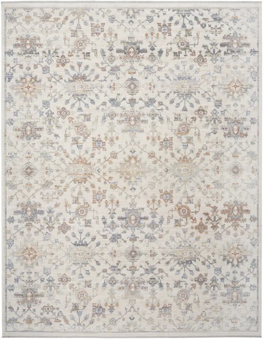 Ivory and Gray Oriental Power Loom Distressed Area Rug With Fringe Photo 1