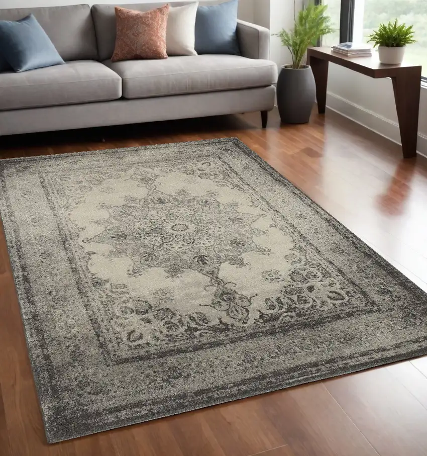 Ivory And Gray Pale Medallion Area Rug Photo 1