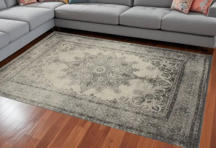 Ivory And Gray Pale Medallion Area Rug Photo 1