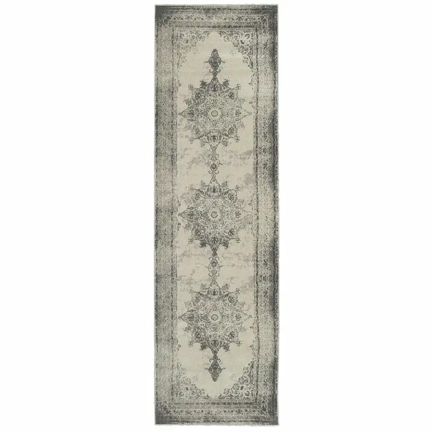 Ivory and Gray Pale Medallion Runner Rug Photo 4