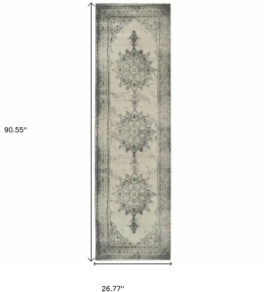 Ivory and Gray Pale Medallion Runner Rug Photo 5