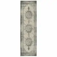 Photo of Ivory and Gray Pale Medallion Runner Rug