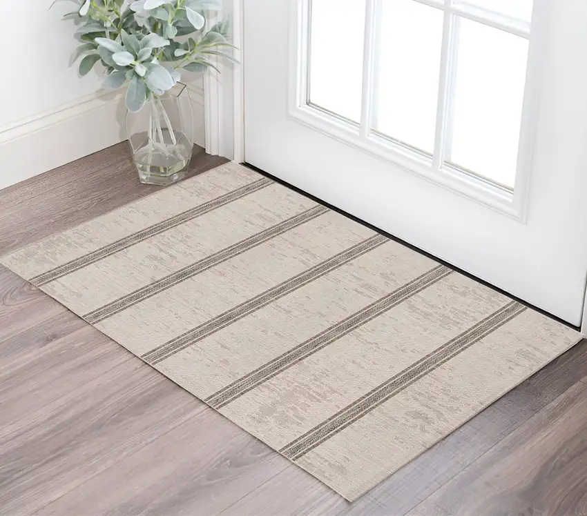 Ivory and Gray Striped Power Loom Area Rug Photo 1