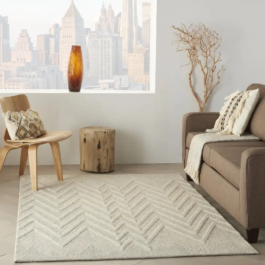 Ivory and Gray Wool Chevron Area Rug Photo 6