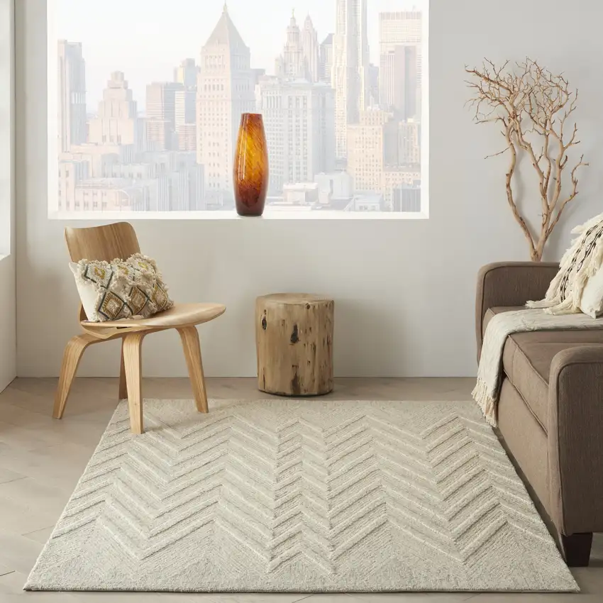 Ivory and Gray Wool Chevron Area Rug Photo 5