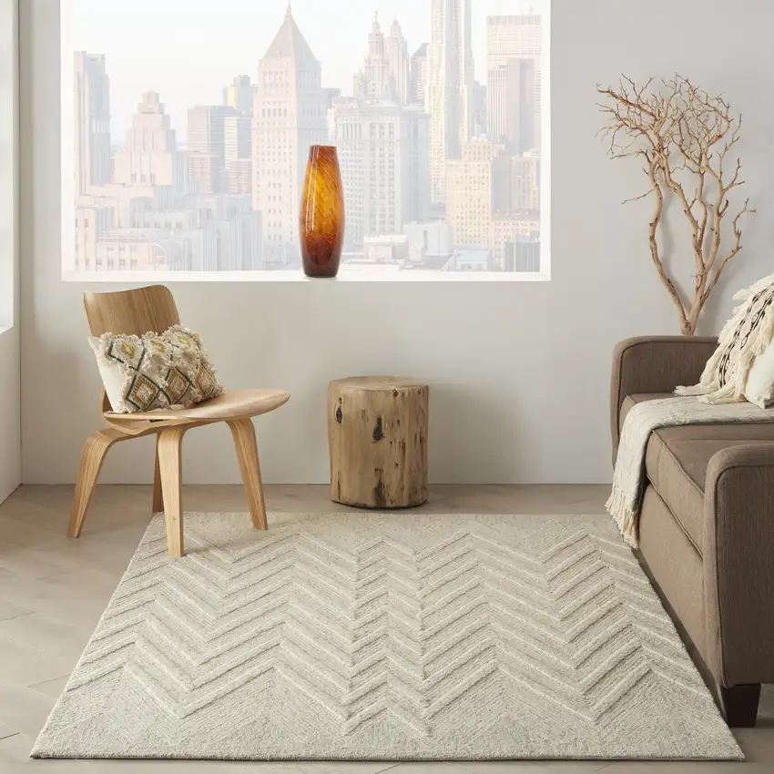 Ivory and Gray Wool Chevron Area Rug Photo 5