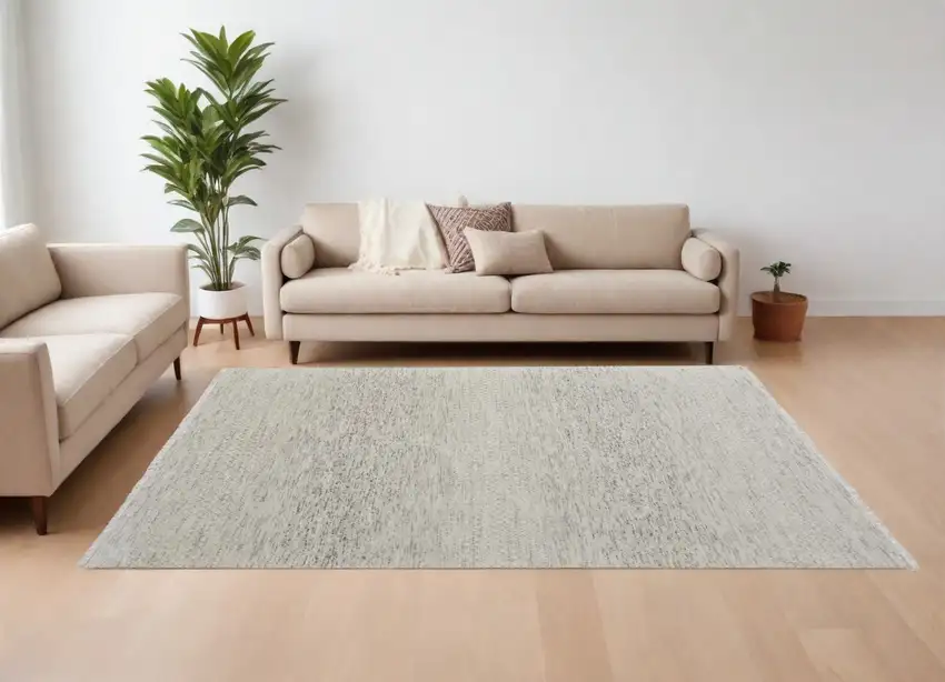 Ivory and Gray Wool Hand Knotted Area Rug With Fringe Photo 2