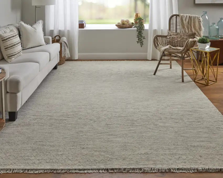 Ivory and Gray Wool Hand Knotted Area Rug With Fringe Photo 6