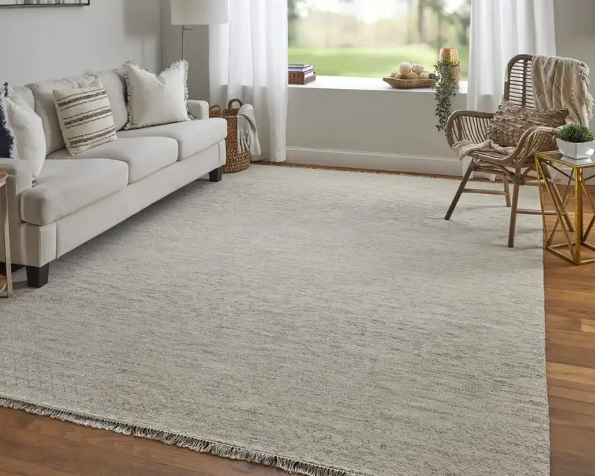 Ivory and Gray Wool Hand Knotted Area Rug With Fringe Photo 7