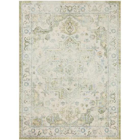 Ivory and Green Floral Power Loom Distressed Area Rug Photo 6