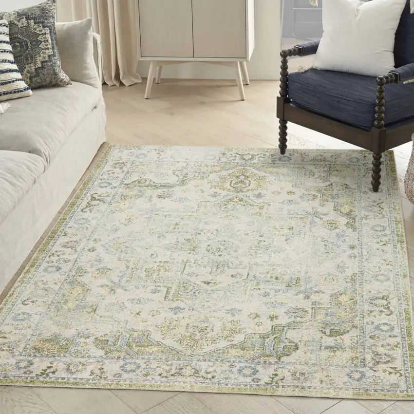 Ivory and Green Floral Power Loom Distressed Area Rug Photo 4