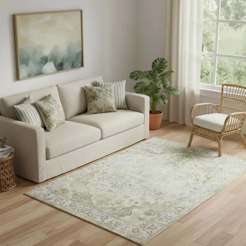 Ivory and Green Floral Power Loom Distressed Area Rug Photo 1