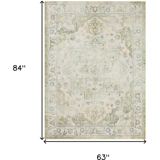 Ivory and Green Floral Power Loom Distressed Area Rug Photo 3