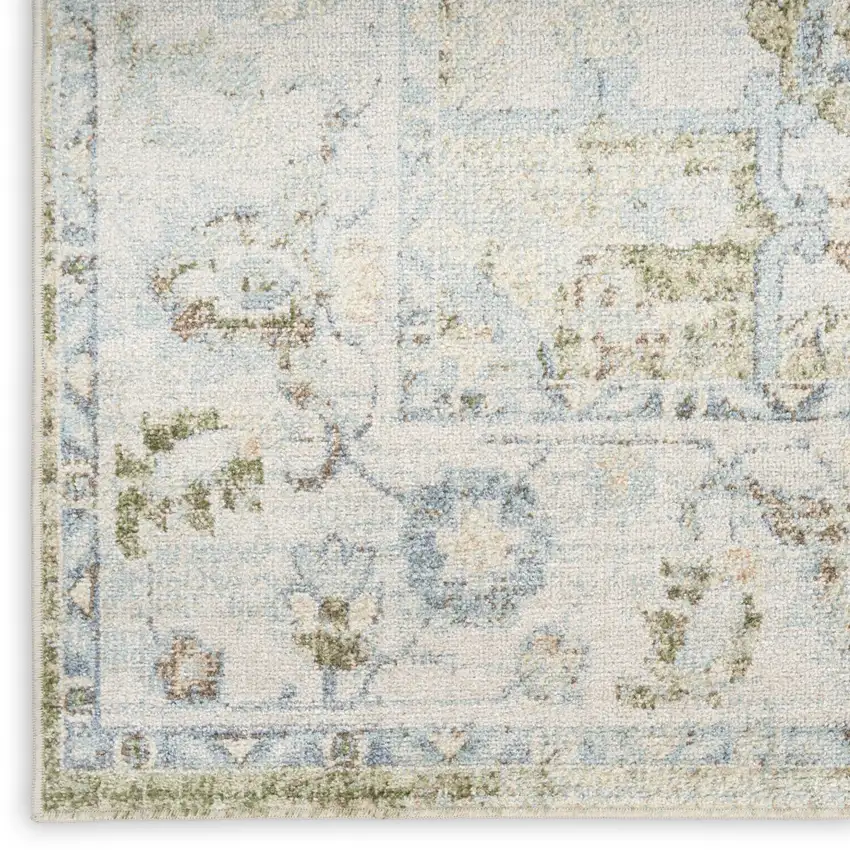 Ivory and Green Floral Power Loom Distressed Area Rug Photo 9