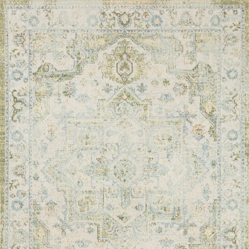Ivory and Green Floral Power Loom Distressed Area Rug Photo 6