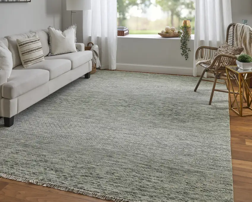 Ivory and Green Wool Hand Knotted Area Rug With Fringe Photo 7