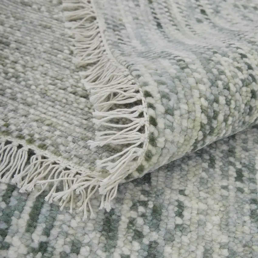 Ivory and Green Wool Hand Knotted Area Rug With Fringe Photo 6