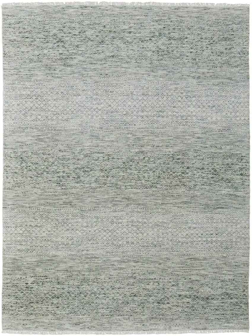 Ivory and Green Wool Hand Knotted Area Rug With Fringe Photo 2