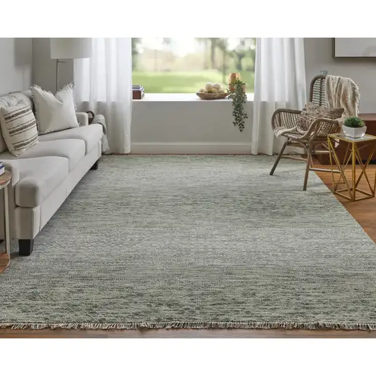 Ivory and Green Wool Hand Knotted Area Rug With Fringe Photo 8