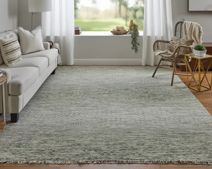 Ivory and Green Wool Hand Knotted Area Rug With Fringe Photo 8