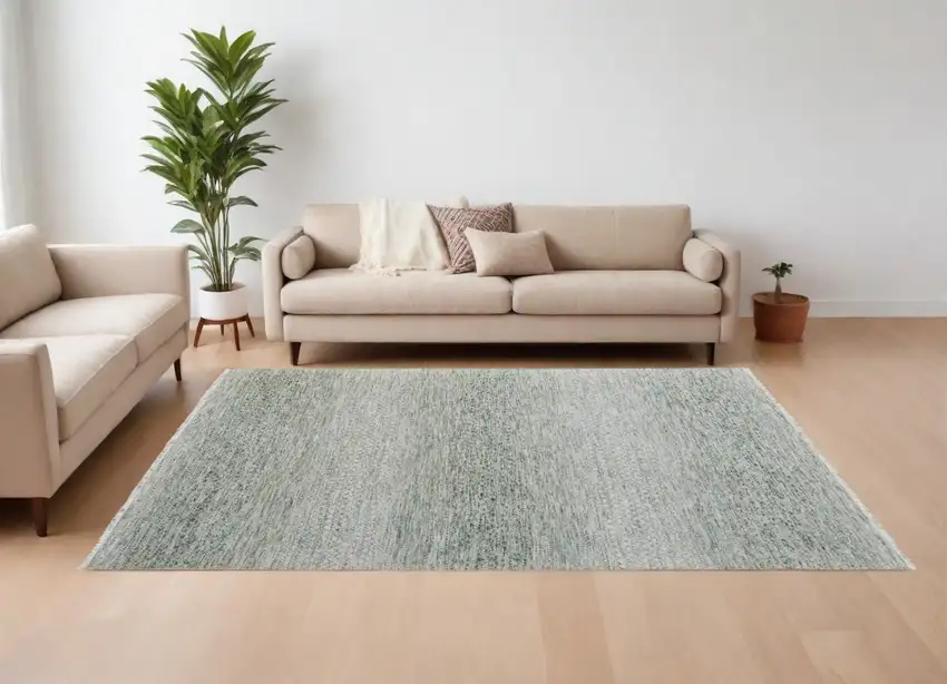 Ivory and Green Wool Hand Knotted Area Rug With Fringe Photo 1