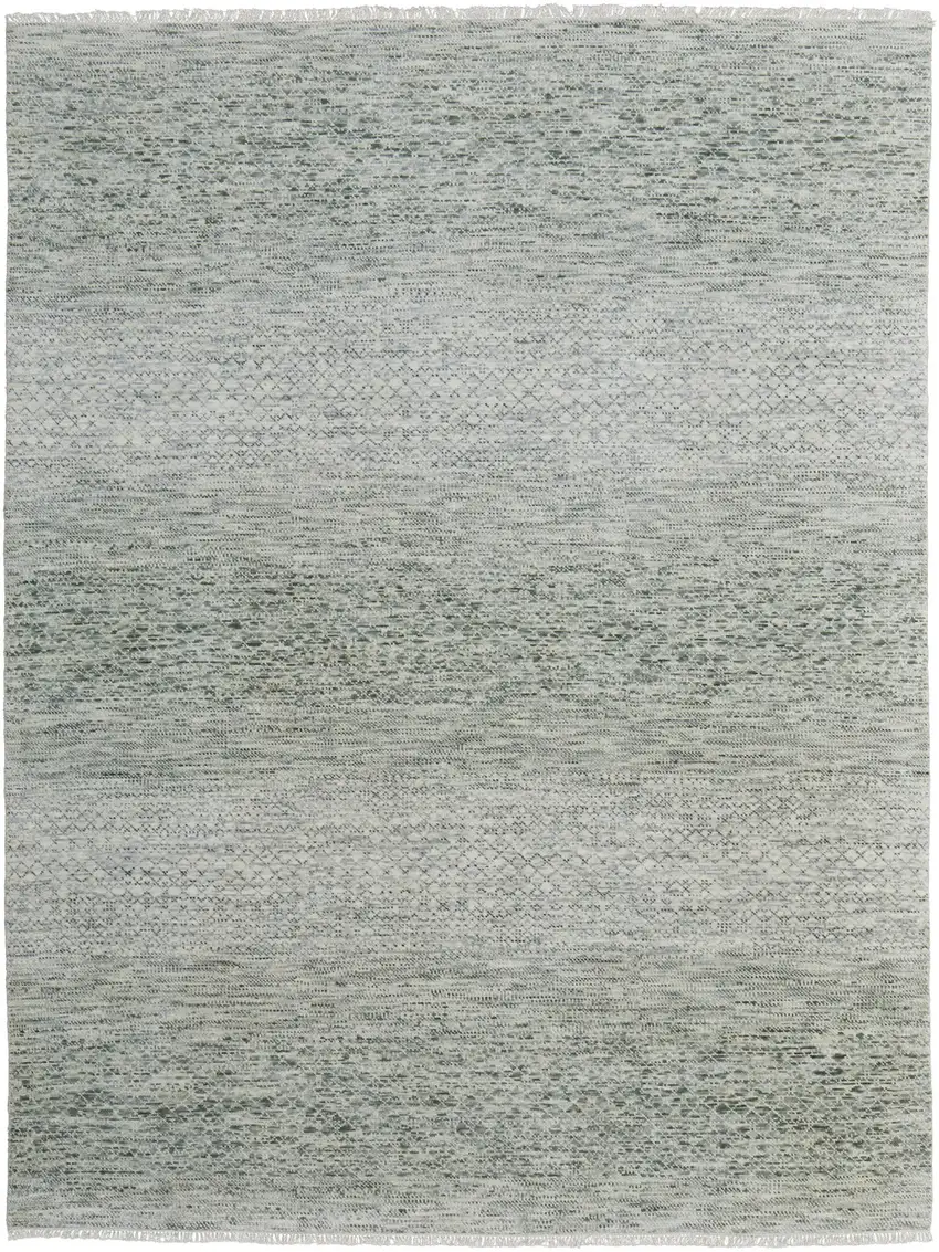 Ivory and Green Wool Hand Knotted Area Rug With Fringe Photo 5