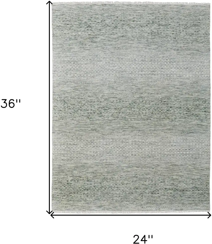 Ivory and Green Wool Hand Knotted Area Rug With Fringe Photo 3