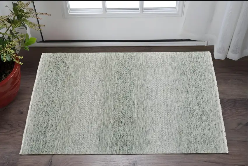 Ivory and Green Wool Hand Knotted Area Rug With Fringe Photo 1