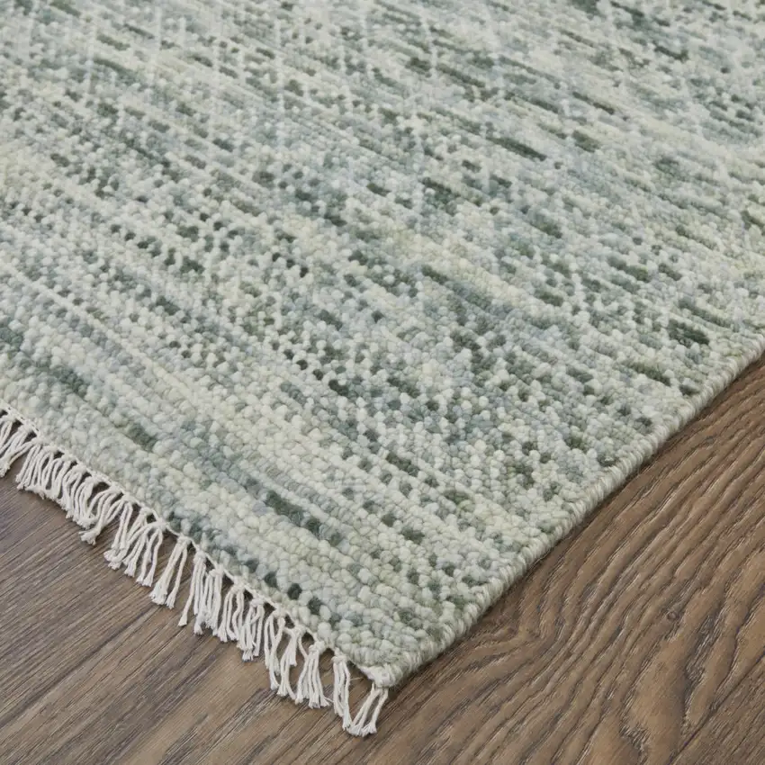 Ivory and Green Wool Hand Knotted Area Rug With Fringe Photo 7