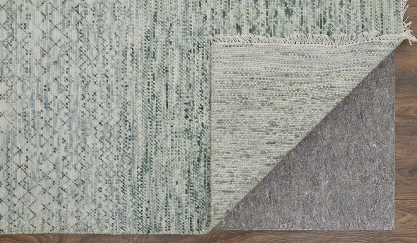 Ivory and Green Wool Hand Knotted Area Rug With Fringe Photo 8