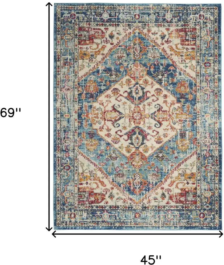 Ivory And Blue Oriental Distressed Area Rug Photo 5