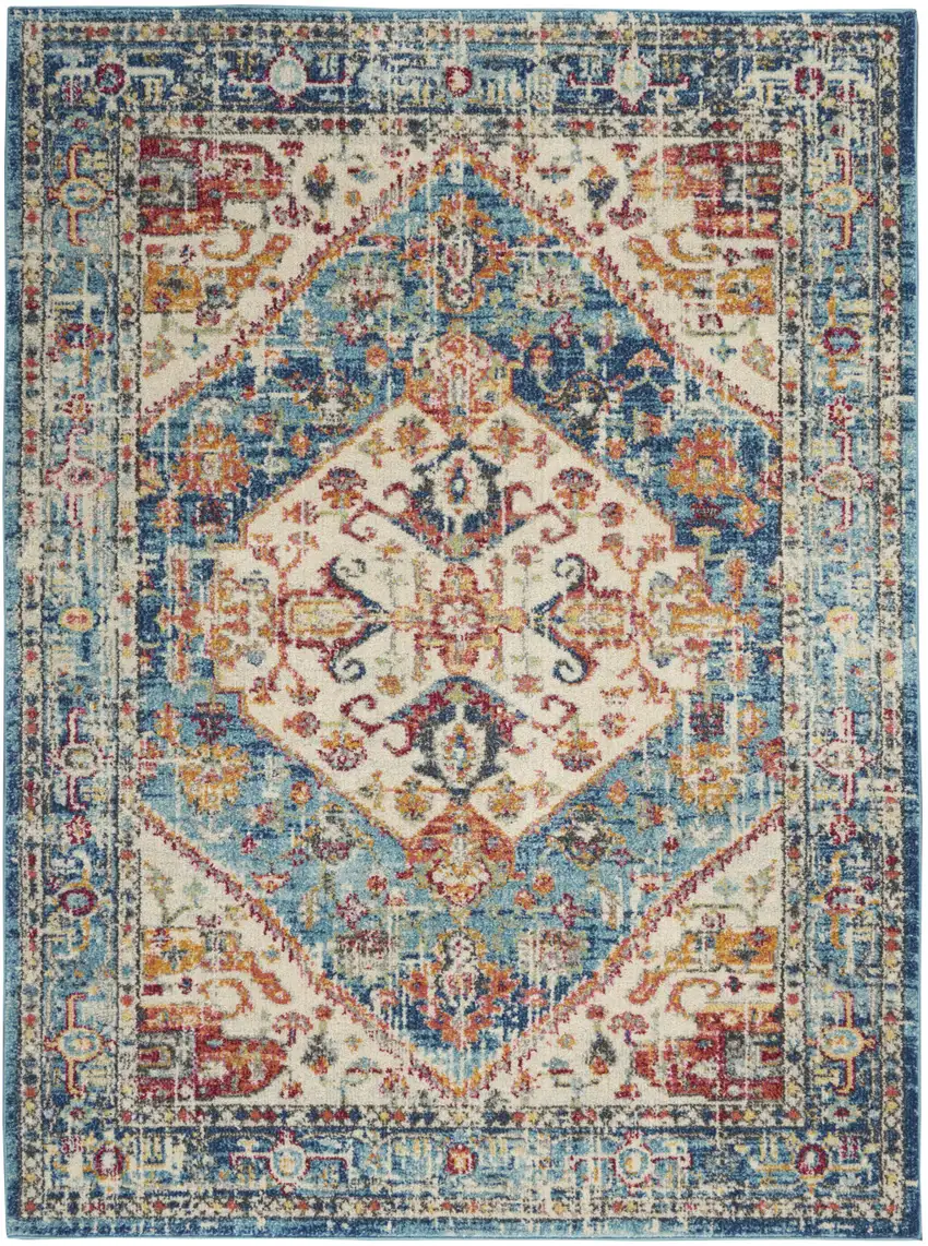Ivory And Blue Oriental Distressed Area Rug Photo 1