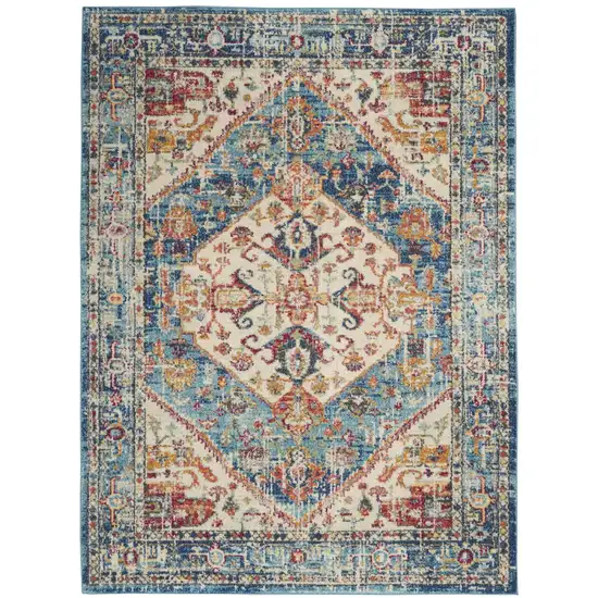 Ivory And Blue Oriental Distressed Area Rug Photo 9
