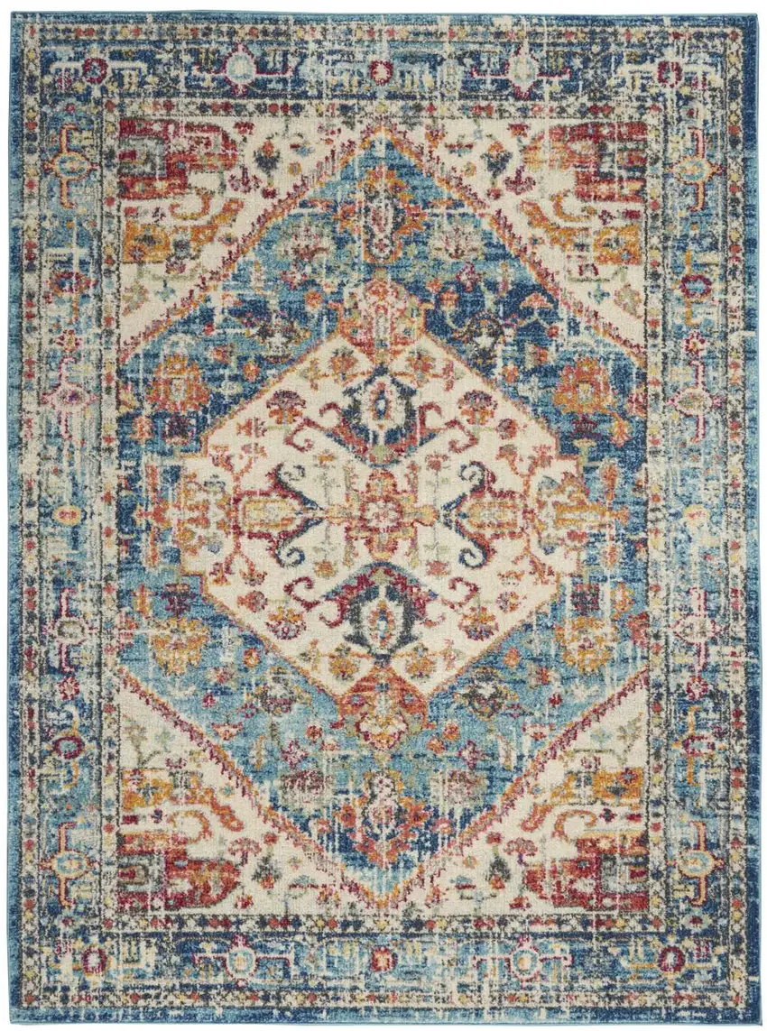 Ivory And Blue Oriental Distressed Area Rug Photo 9