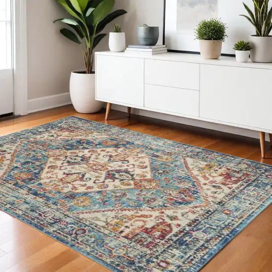 Ivory And Blue Oriental Distressed Area Rug Photo 2