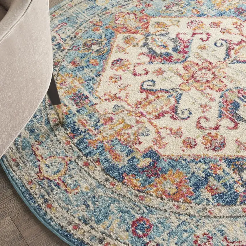 4' Ivory And Blue Oriental Distressed Round Rug Photo 8